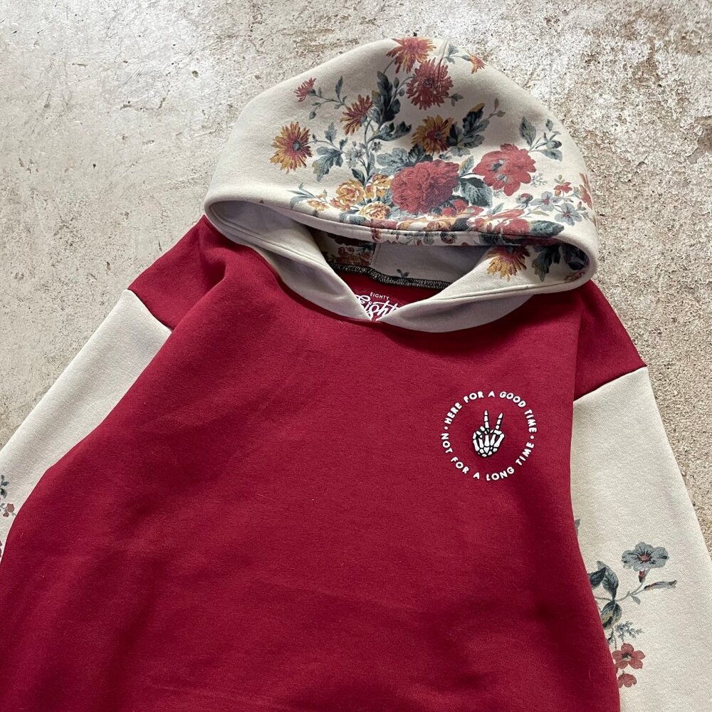 Here for a Good Time, Not For a Long Time Red Floral Hoodie Rework Sweatshirt L - Picture 3 of 4